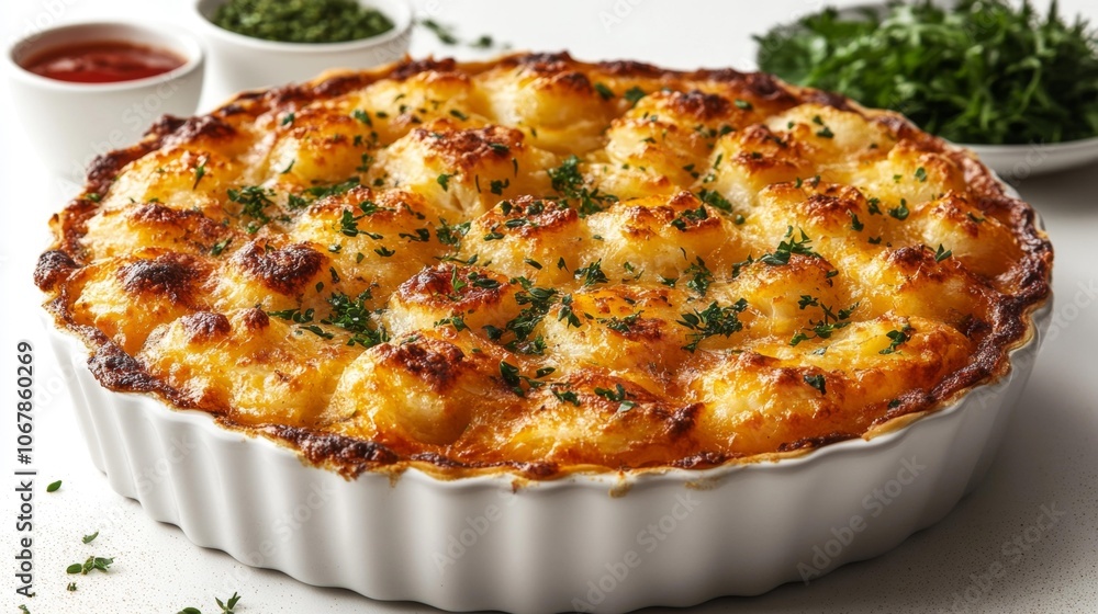 Golden Baked Fish Pie with Herbs on White Background. Generative AI Golden Baked Fish Pie with Herbs on White Background. Generative AI
