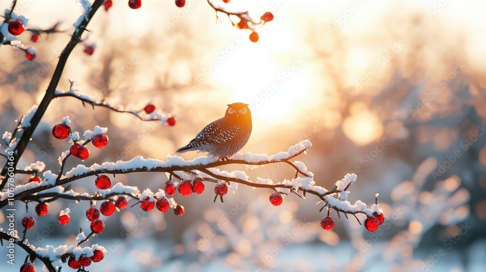 Fototapeta premium Snowy Owl Perched on Branch with Red Berries in Winter Sunset