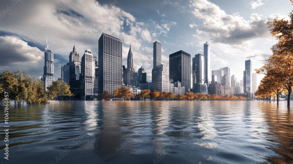 Fototapeta premium Downtown Area Flooded with Rising Water
