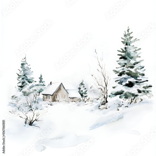 Serene Winter Landscape: A cozy cabin surrounded by snow-covered trees, perfect for seasonal decor or nature-themed projects.