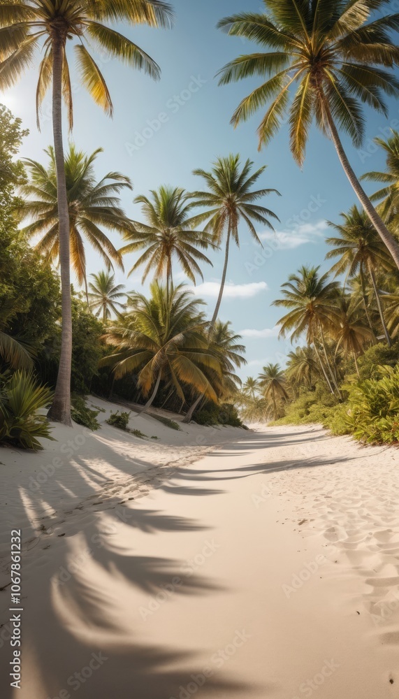 Obraz premium Tropical Beach Path with Palm Trees and Shadows
