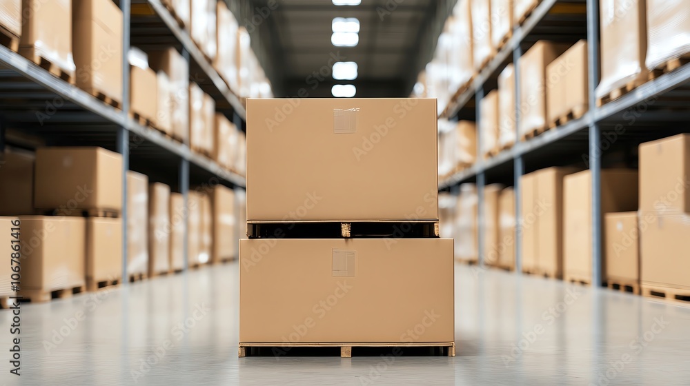 Efficient storage system, tall shelves filled with boxes, clean warehouse setup Efficient storage system, tall shelves filled with boxes, clean warehouse setup