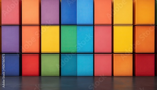 Warehouse with stacks of colorful boxes, neat and efficient, wellorganized stock photo