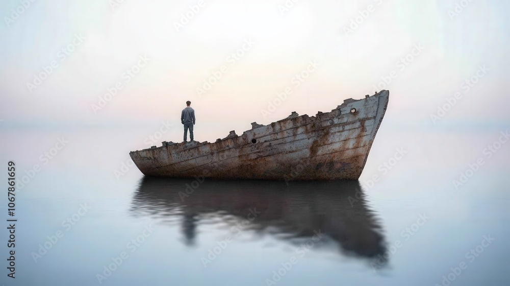 Solitary Figure on Sunken Shipwreck Calm Sea Dramatic Sky Digital Art Solitary Figure on Sunken Shipwreck Calm Sea Dramatic Sky Digital Art