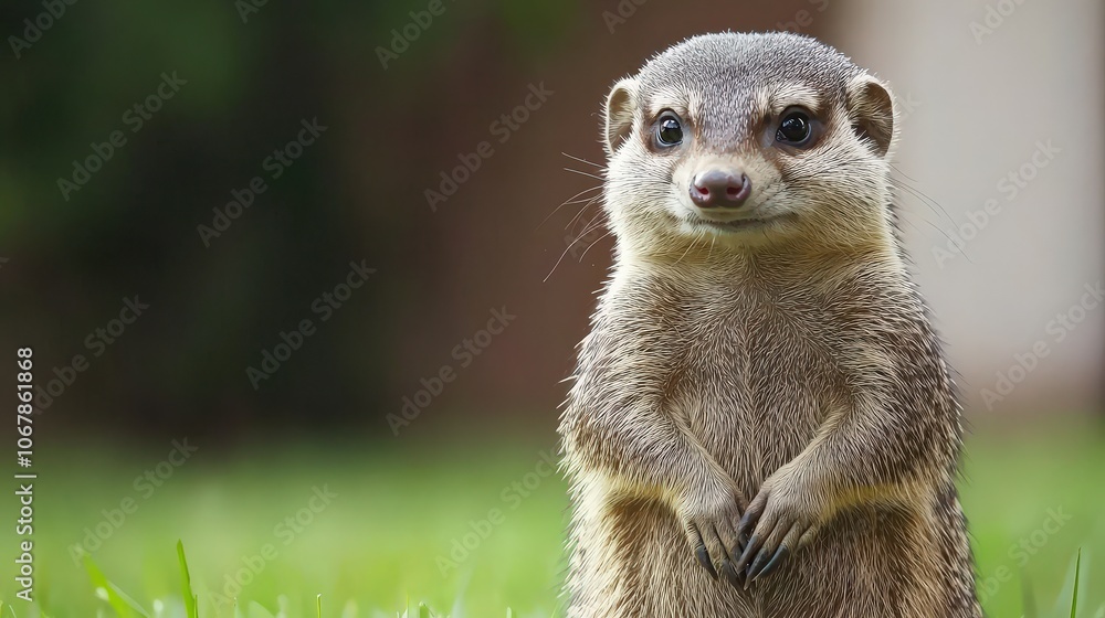 Curious Mongoose Standing on Hind Legs in Grassy Meadow Curious Mongoose Standing on Hind Legs in Grassy Meadow