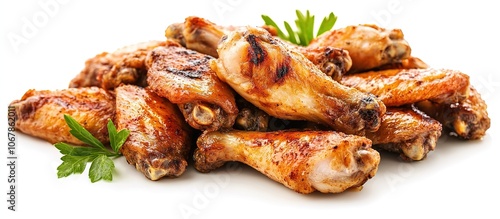 A pile of deliciously cooked chicken wings garnished with parsley.