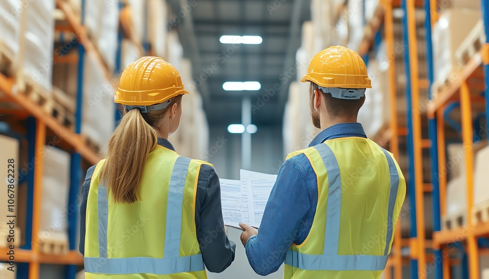 Warehouse manager reviewing reports, efficient inventory management system Warehouse manager reviewing reports, efficient inventory management system