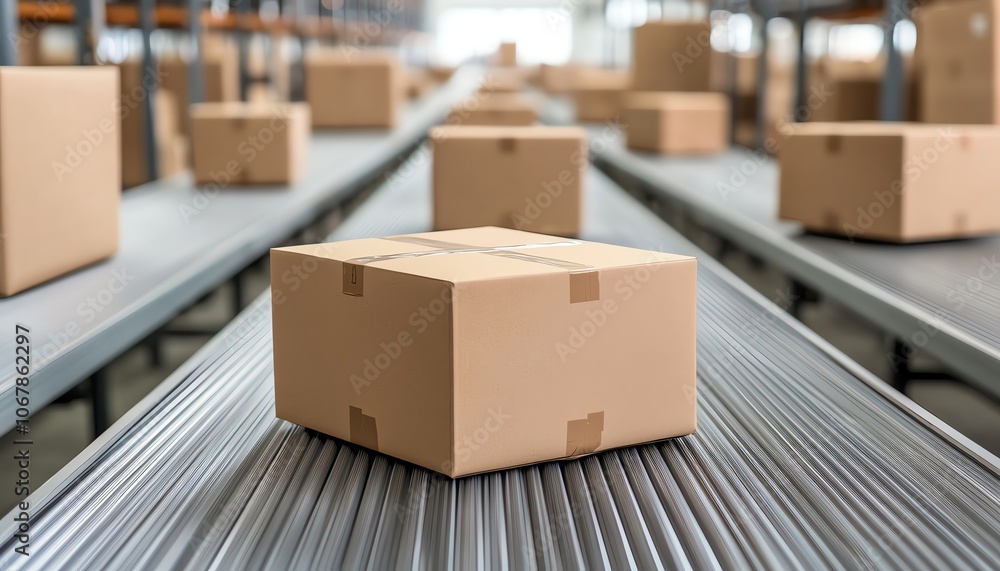 Automated sorting system in warehouse, packages moving on belts, clean design Automated sorting system in warehouse, packages moving on belts, clean design
