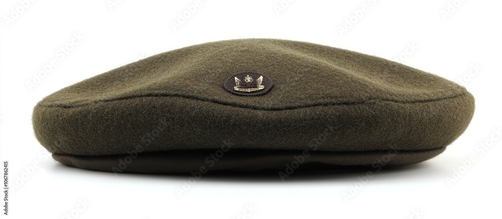Military beret in deep olive green, thick wool fabric with a crest pin, isolated on a white background Military beret in deep olive green, thick wool fabric with a crest pin, isolated on a white background