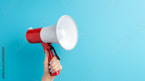 Hand Holding Red Megaphone on Light Blue Background 