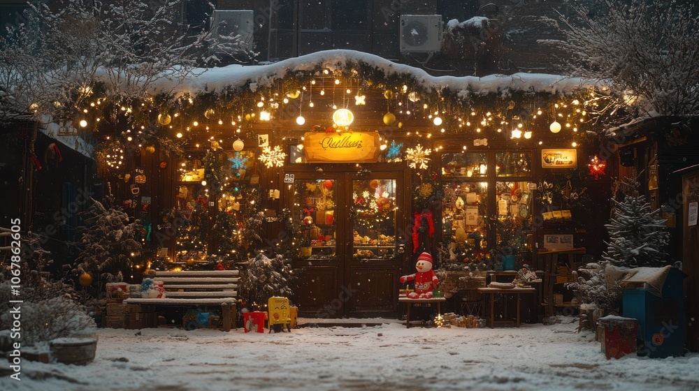 Fototapeta premium A charming Christmas shop decorated with lights and ornaments, covered in snow.