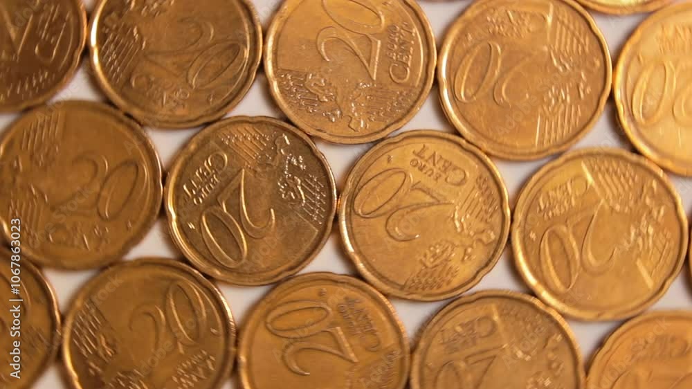 20 Euro Cent Coins, Rotating Money Background - Top View. Euro Money Currency. A Lot of Twenty Cent Cash. Golden Eurocents. Business, Finances and Money Saving Concept - Rotation Right 20 Euro Cent Coins, Rotating Money Background - Top View. Euro Money Currency. A Lot of Twenty Cent Cash. Golden Eurocents. Business, Finances and Money Saving Concept - Rotation Right