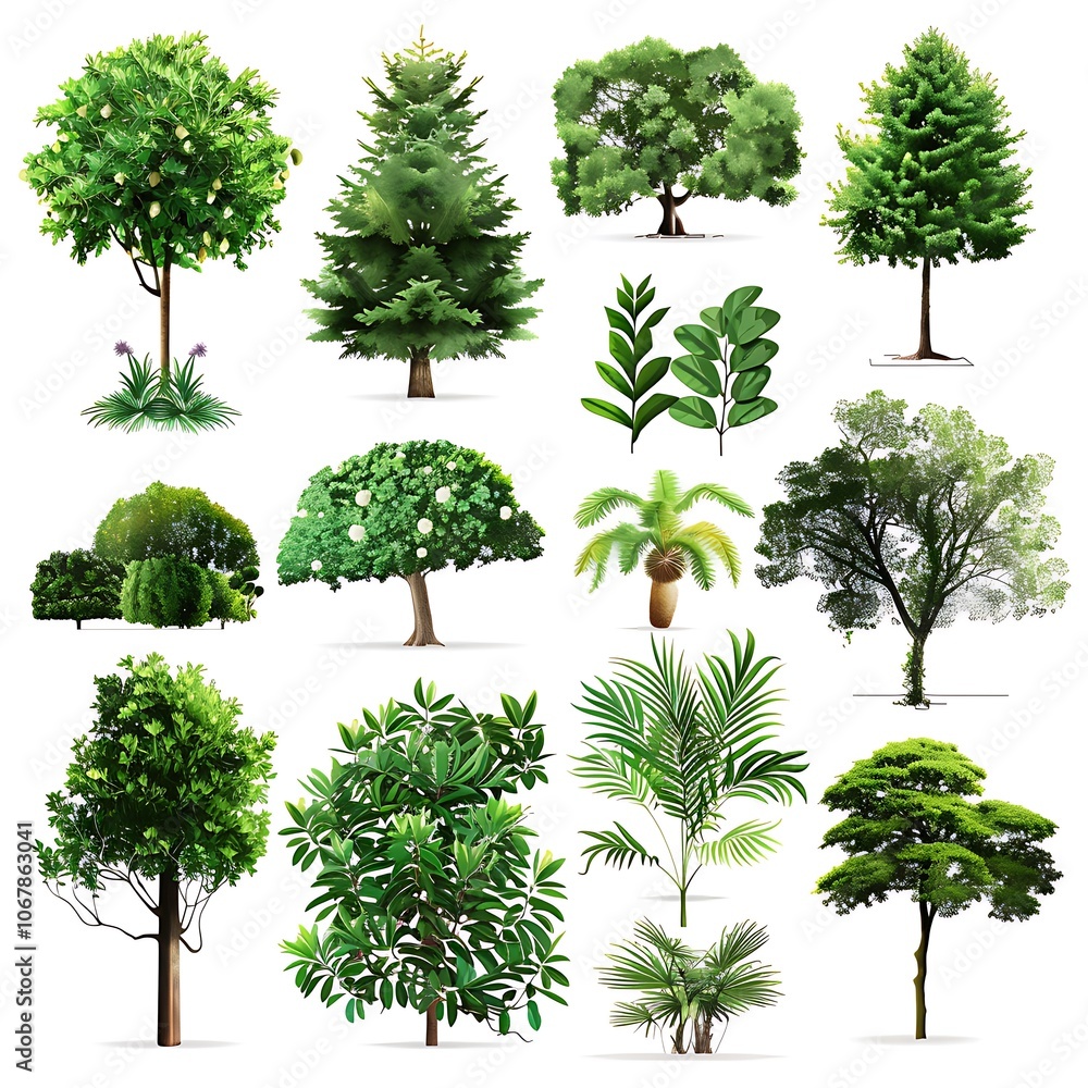 Fototapeta premium Green trees and plants on white background