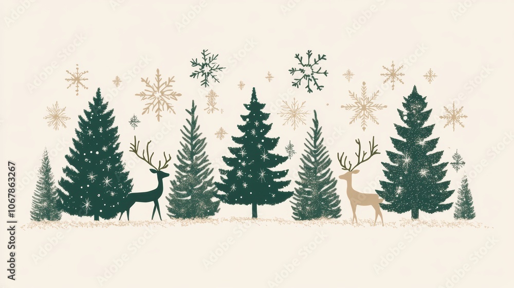 Obraz premium Christmas tree with reindeer background for greeting card poster design.