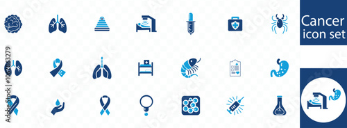 Cancer icon set. Containing tumor, oncology, chemotherapy, biopsy, radiotherapy, ribbon, breast cancer, remission and more