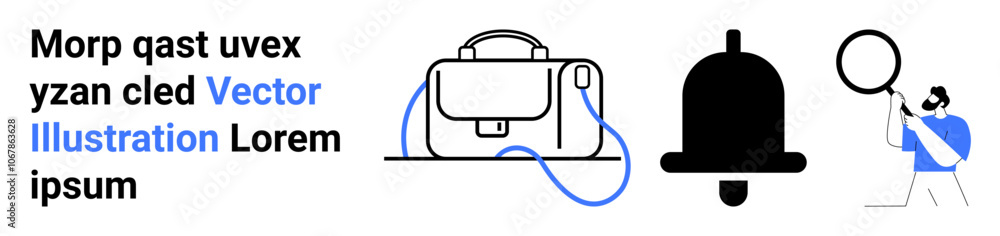 Briefcase with strap, large notification bell, individual holding magnifying glass. Ideal for business, notifications, alerts, research, search, magnification, office tools Landing page Briefcase with strap, large notification bell, individual holding magnifying glass. Ideal for business, notifications, alerts, research, search, magnification, office tools Landing page