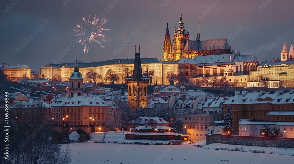 Fototapeta premium Prague Castle and Charles Bridge at Dusk with Fireworks