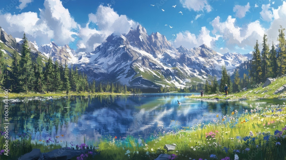Tranquil mountain lake view with a couple standing by the lake, surrounded by wildflowers and lush green trees Tranquil mountain lake view with a couple standing by the lake, surrounded by wildflowers and lush green trees