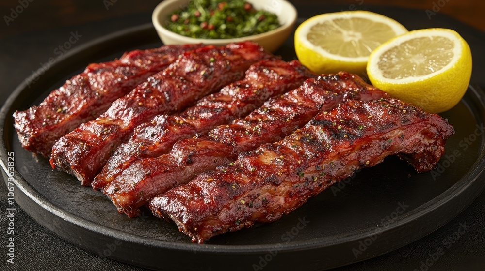 Grilled pork ribs with lemon and herbs on a black plate. Grilled pork ribs with lemon and herbs on a black plate.