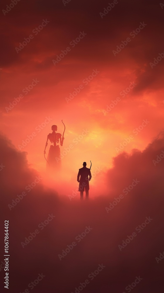 Man Facing Flaming Skeleton in Red Sky Digital Art Illustration Man Facing Flaming Skeleton in Red Sky Digital Art Illustration