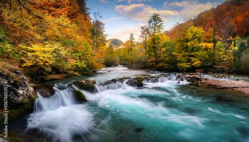 A colorful autumn forest with a mountain river and a long exposure waterfall.