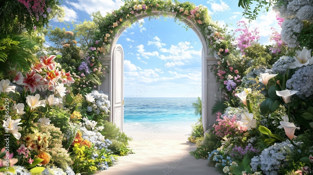Fototapeta premium A picturesque archway adorned with vibrant flowers opens to a serene beach and calming sea under a bright blue sky