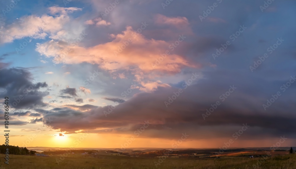 A dramatic sunset paints the sky with vibrant hues, as dark clouds linger after a rain shower over a vast, rolling landscape A dramatic sunset paints the sky with vibrant hues, as dark clouds linger after a rain shower over a vast, rolling landscape