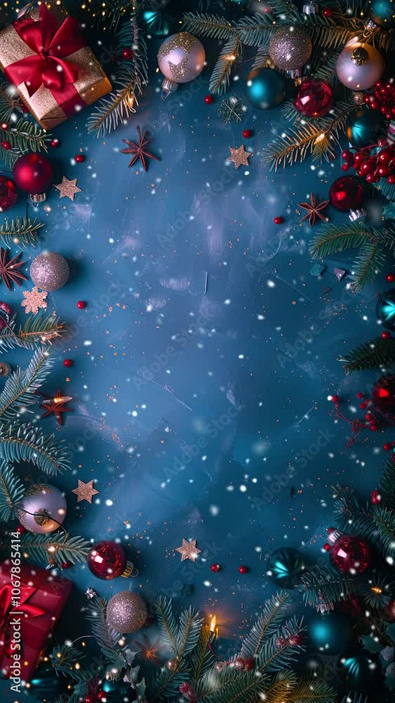 Blue background. New Year holidays. Christmas and New Year decoration red background, with glass balls. Holidays background. Looped snow. Generate AI. Blue background. New Year holidays. Christmas and New Year decoration red background, with glass balls. Holidays background. Looped snow. Generate AI.
