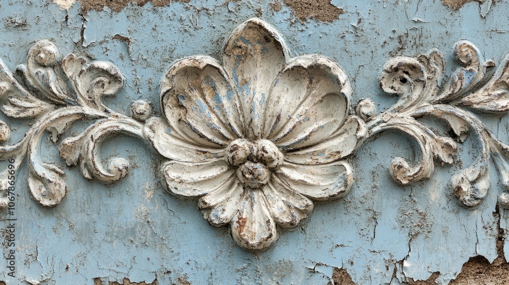 Weathered Blue Wall Detail with Floral Design Weathered Blue Wall Detail with Floral Design