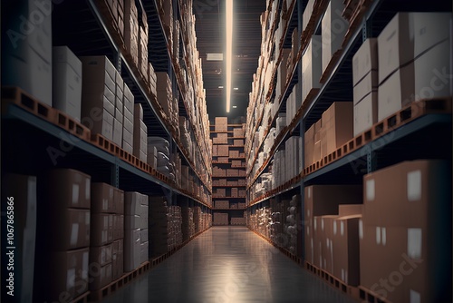 Warehouse interior with rows of boxes. 3d rendering toned image