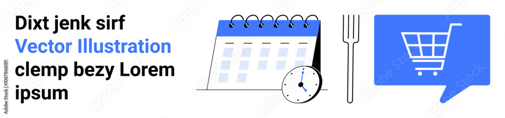 Calendar, clock, fork, and shopping cart within a speech bubble. Ideal for productivity, time management, dining, scheduling, e-commerce, meal planning, online shopping. Landing page Calendar, clock, fork, and shopping cart within a speech bubble. Ideal for productivity, time management, dining, scheduling, e-commerce, meal planning, online shopping. Landing page