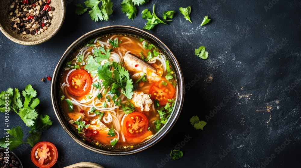 Fresh Vietnamese Fish Noodle Soup in Bowl Fresh Vietnamese Fish Noodle Soup in Bowl