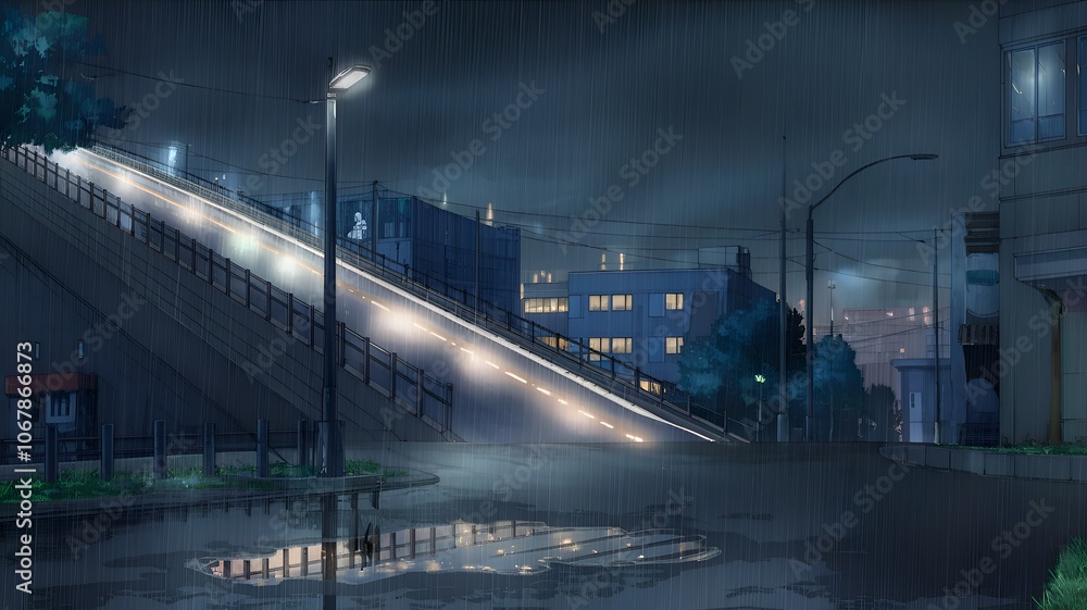 Obraz premium Rainy night in a city with bright lamps, reminiscent of an anime cartoon
