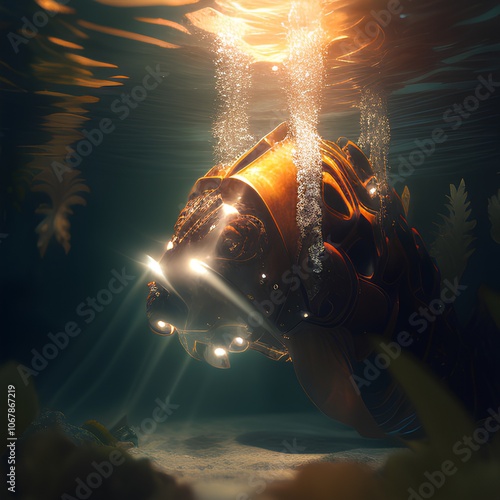 Underwater photo of diver swimming in the sea. 3d rendering photo