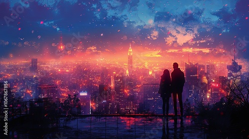 A couple stands on a rooftop terrace, gazing at the city skyline as it sparkles with lights. The hum of traffic below is distant, and they enjoy the quiet, elevated view of the bustling metropolis