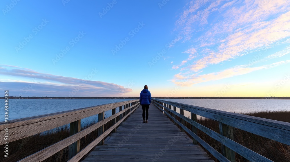 Fototapeta premium Woman on Wooden Pier at Sunset Calm Bay Blue Sky Scenic View