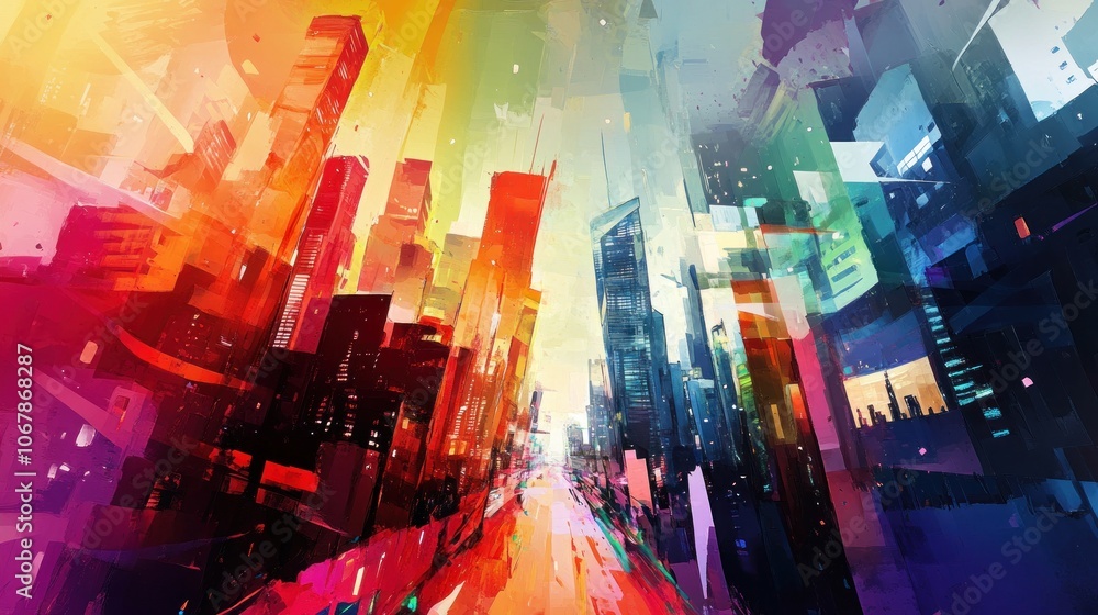 Fototapeta premium A vibrant, futuristic cityscape with tall buildings in a rainbow color scheme.