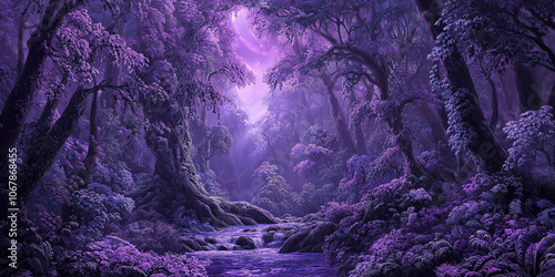 Fototapeta Naklejka Na Ścianę i Meble -  Magical purple forest with creek flowing under moonlight