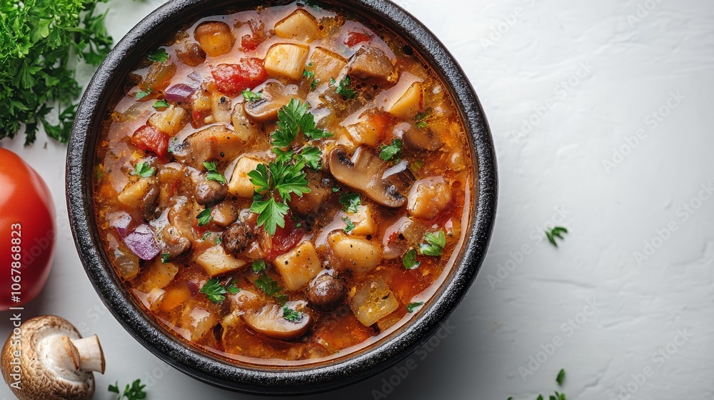 Hearty Mushroom Soup in a Rustic Bowl. Generative AI Hearty Mushroom Soup in a Rustic Bowl. Generative AI