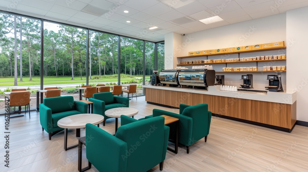 Modern Coffee Shop Interior Design with Green Armchairs and Large Windows Modern Coffee Shop Interior Design with Green Armchairs and Large Windows