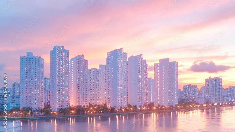 Fototapeta premium Modern Apartment Buildings at Sunset with Pink Sky and Water Reflection