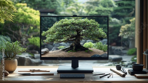 Serene Desktop with Bonsai Tree Website Mockup. Generative AI photo