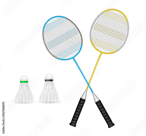 Set illustration of two crossed badminton rackets with blue and yellow frames, along with two shuttlecocks, one with a green band and the other with a black band. Ideal for use in sports and