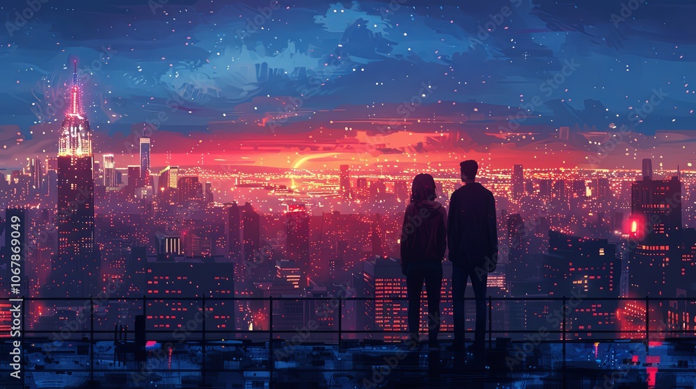 A couple stands on a rooftop terrace, gazing at the city skyline as it sparkles with lights. The hum of traffic below is distant, and they enjoy the quiet, elevated view of the bustling metropolis A couple stands on a rooftop terrace, gazing at the city skyline as it sparkles with lights. The hum of traffic below is distant, and they enjoy the quiet, elevated view of the bustling metropolis