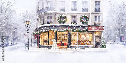 Fototapeta Naklejka Na Ścianę i Meble -  Parisian christmas shop during snowfall with festive decorations