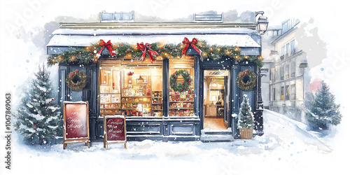 Christmas store decorated with garlands and wreaths during a snowfall