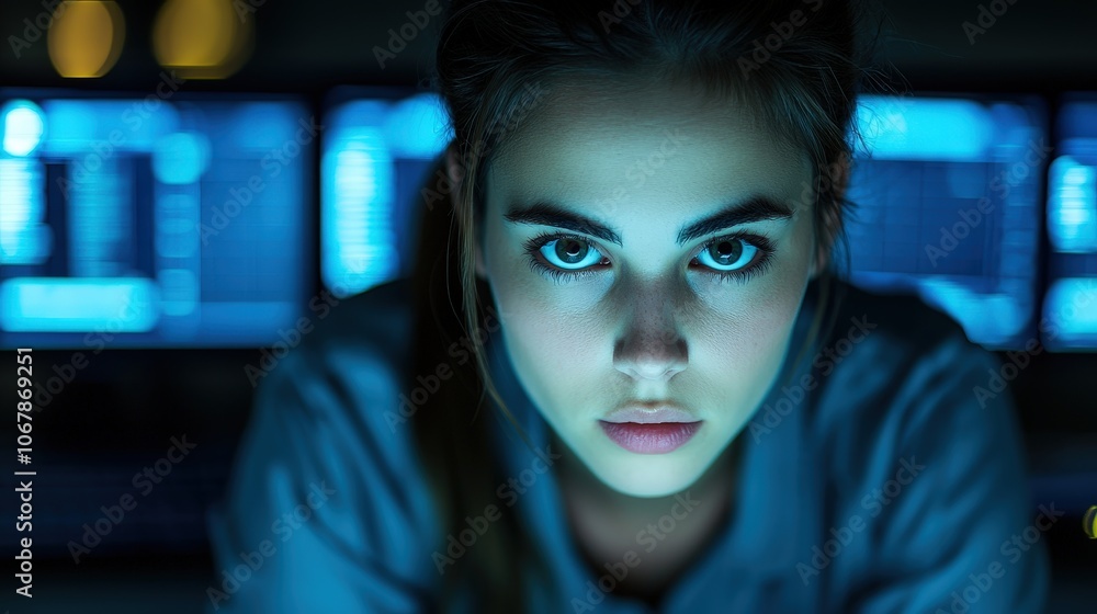 Closeup of Woman s Face Lit by Blue Computer Screen Closeup of Woman s Face Lit by Blue Computer Screen