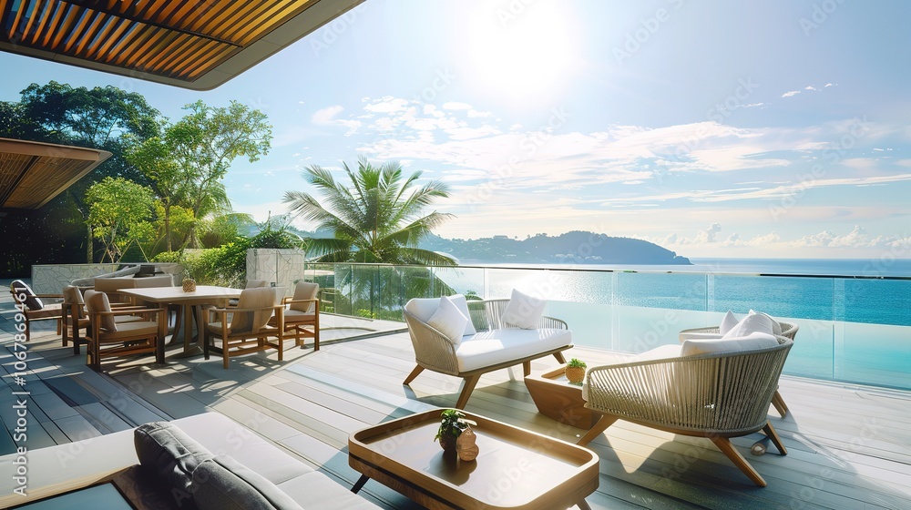 Fototapeta premium Top Floor Outdoor Terrace - a serene and inviting space. The terrace offers a perfect blend of comfort and elegance, ideal for relaxation and enjoyment.