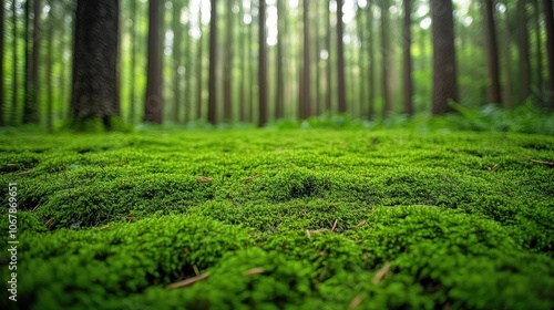 Lush green moss covering the forest floor with tall trees in the background.