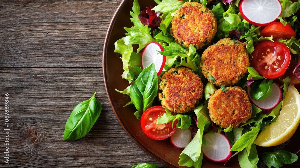 Close-Up View of Delicious Falafel on Fresh Salad Close-Up View of Delicious Falafel on Fresh Salad